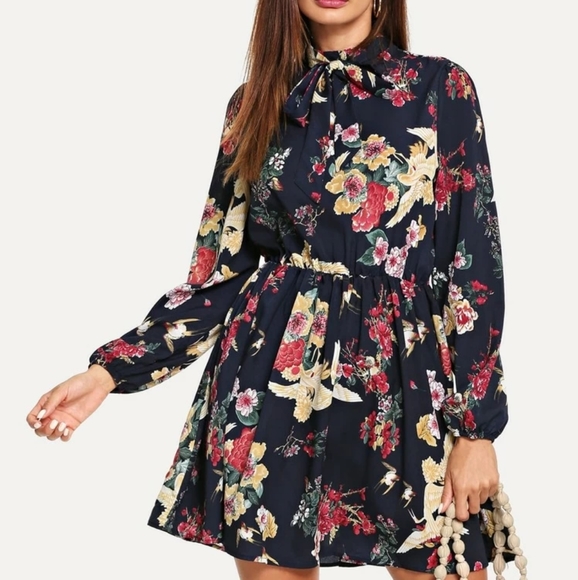 Floral Aviary Bishop Sleeve Tie-Neck Collar Dress - Picture 1 of 4
